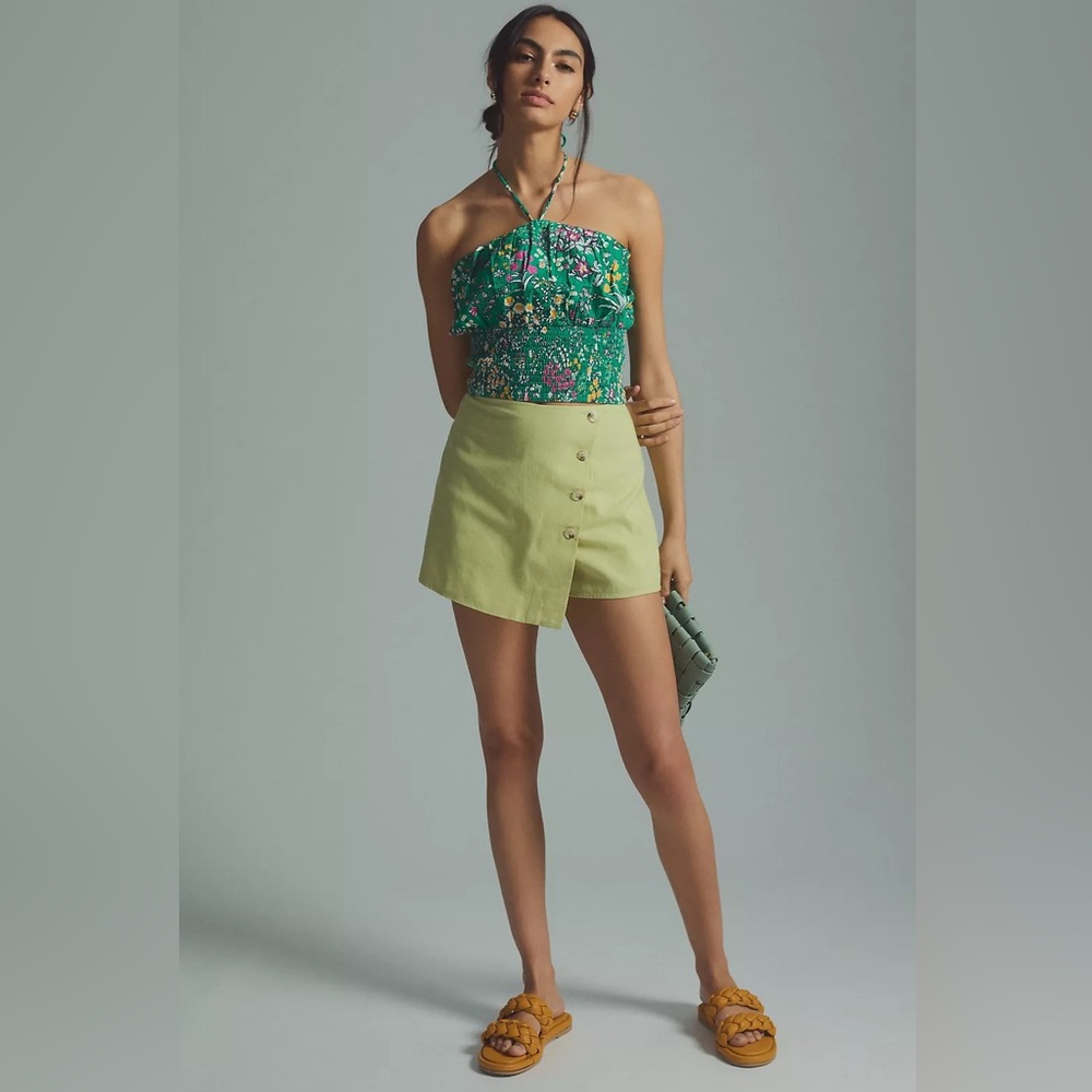 ANTHROPOLOGIE MAEVE Green Floral Print Halter Top Sz LP
